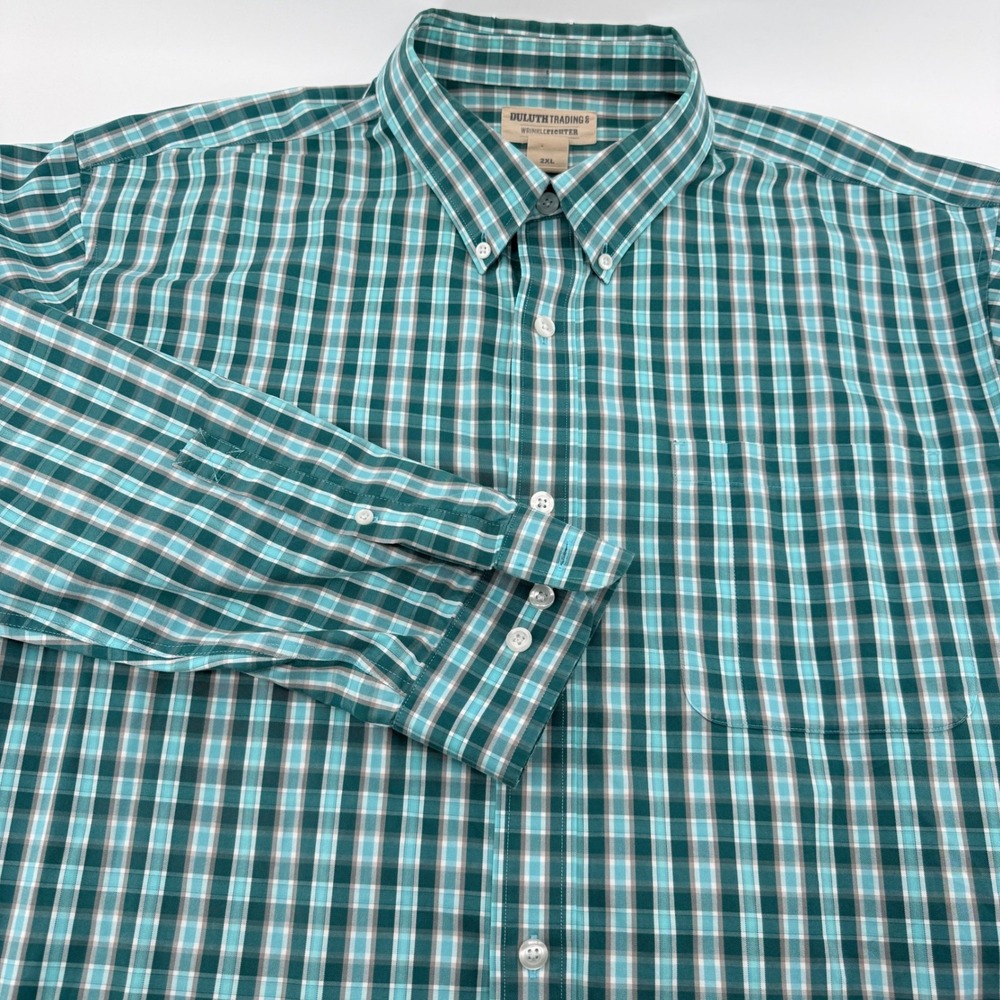 Duluth Trading Co Wrinklefighter Shirt Mens 2XL Teal Green Plaid Button Down L/S